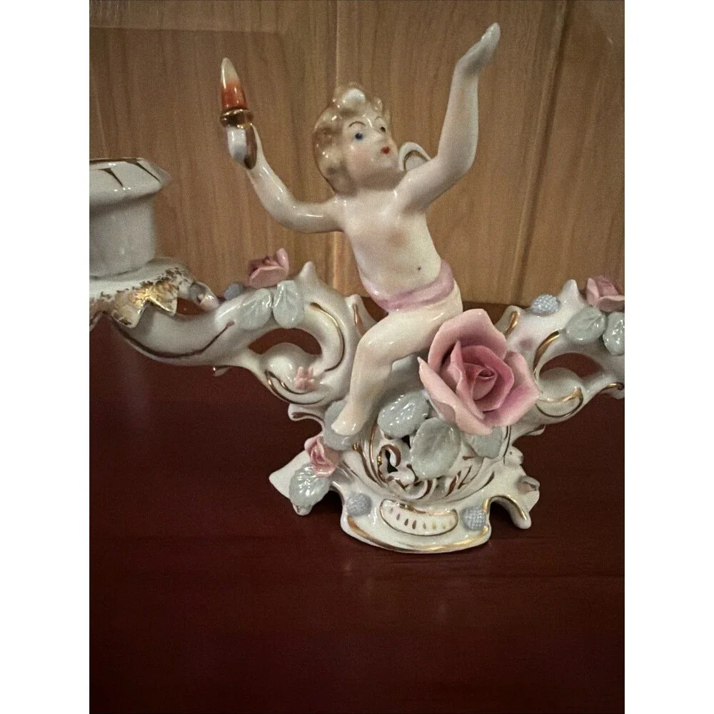 UCACGO Double Candlestick Holder Cherub Pink Roses Hand Painted Porcelain. Japan